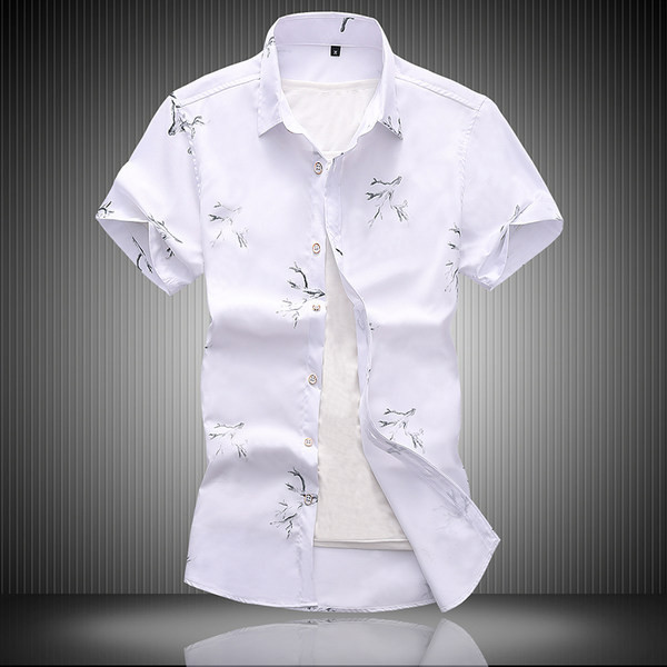 Cămașă modernă pentru bărbați cu guler clasic și mâneci scurte în alb și albastru