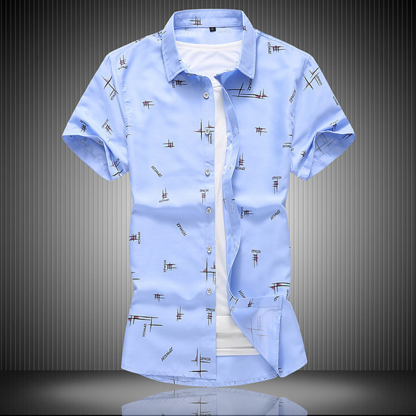 Cămașă modernă pentru bărbați cu guler clasic și mâneci scurte în alb și albastru