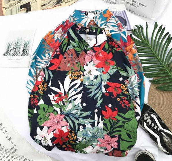 Cămașă bărbătească de primăvară cu model floral și guler clasic