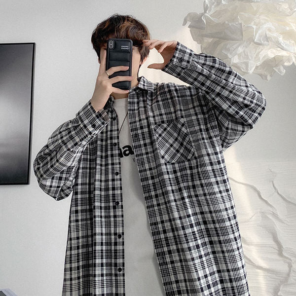 Cămașă în carouri pentru bărbați cu buzunar