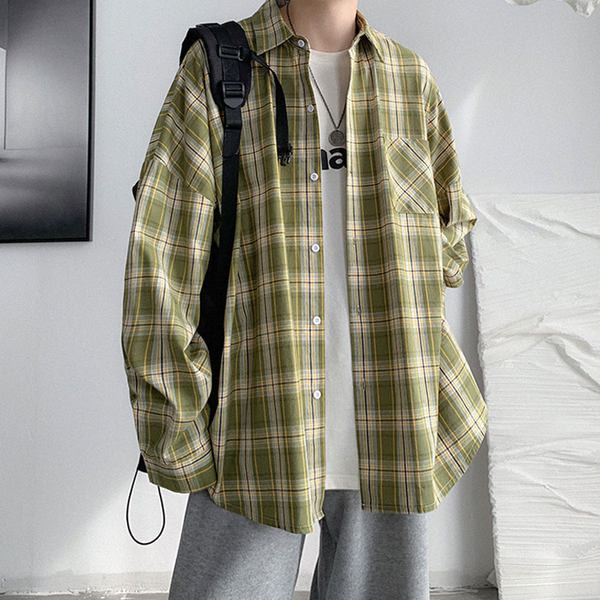 Cămașă în carouri de primăvară cu buzunar pentru bărbați