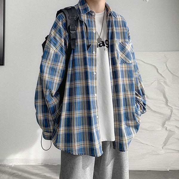 Cămașă în carouri de primăvară cu buzunar pentru bărbați