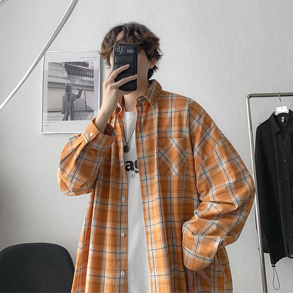 Cămașă în carouri de primăvară cu buzunar pentru bărbați