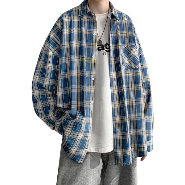 Cămașă în carouri de primăvară cu buzunar pentru bărbați