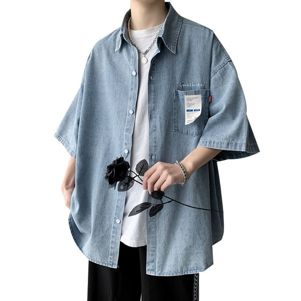 Vīriešu krekls ar kabatu un īsām piedurknēm zilā krāsā