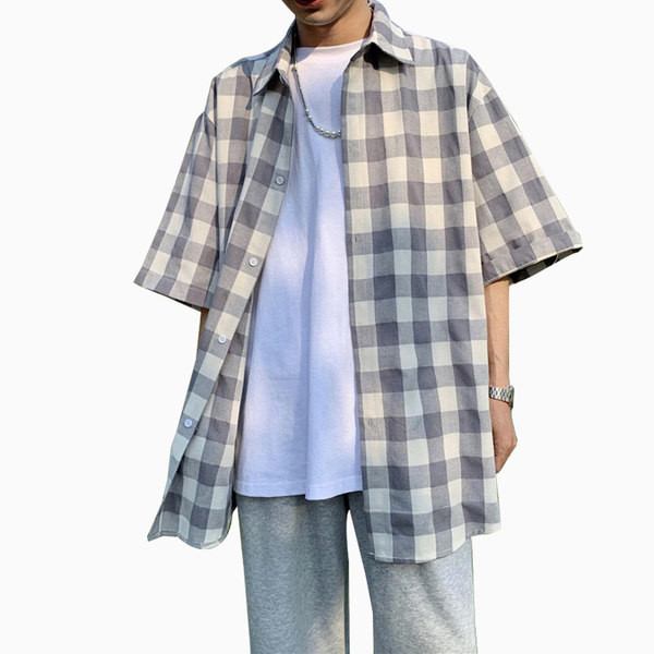 Cămașă modernă pentru bărbați în carouri, cu mâneci scurte și nasturi