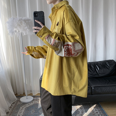 Cămașă lată pentru bărbați din catifea și model cu model