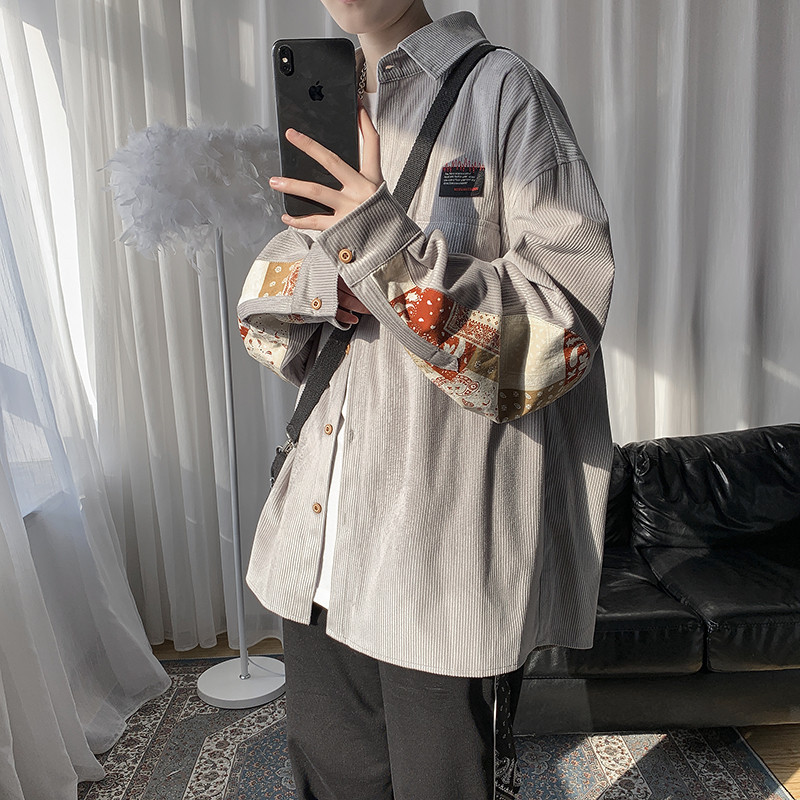 Cămașă lată pentru bărbați din catifea și model cu model