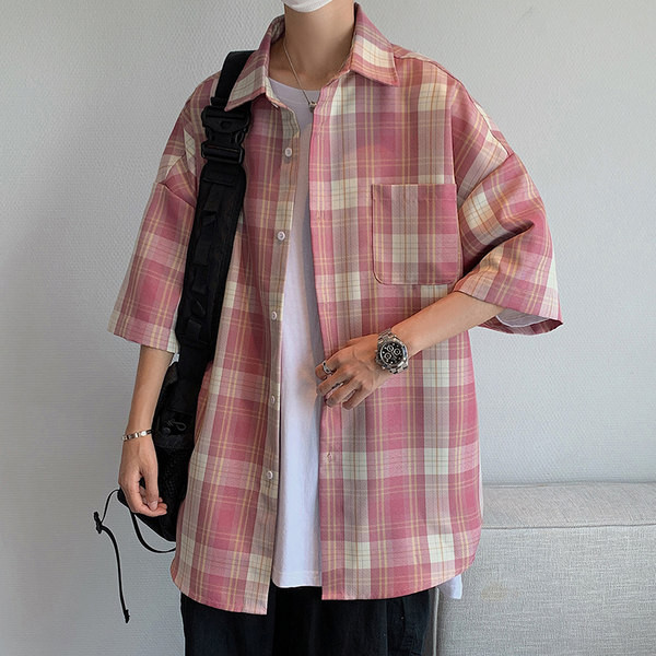 Cămașă casual bărbați în carouri cu nasturi și guler clasic