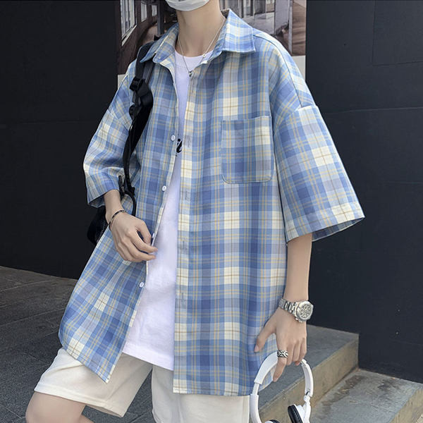 Cămașă casual bărbați în carouri cu nasturi și guler clasic