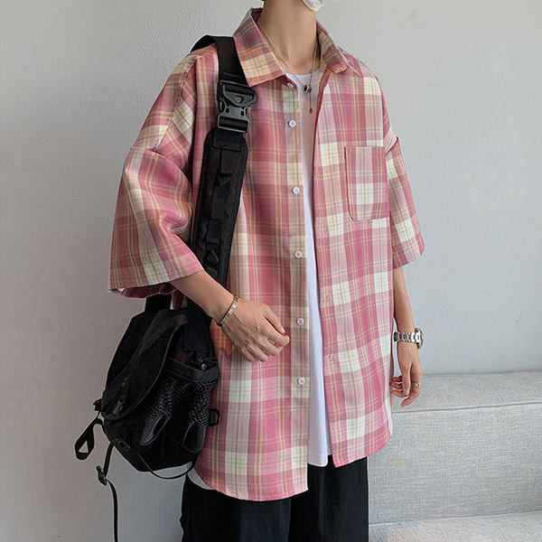 Cămașă casual bărbați în carouri cu nasturi și guler clasic