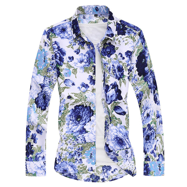 Vyriški marškiniai su ilgomis rankovėmis sagomis ir gėlėmis