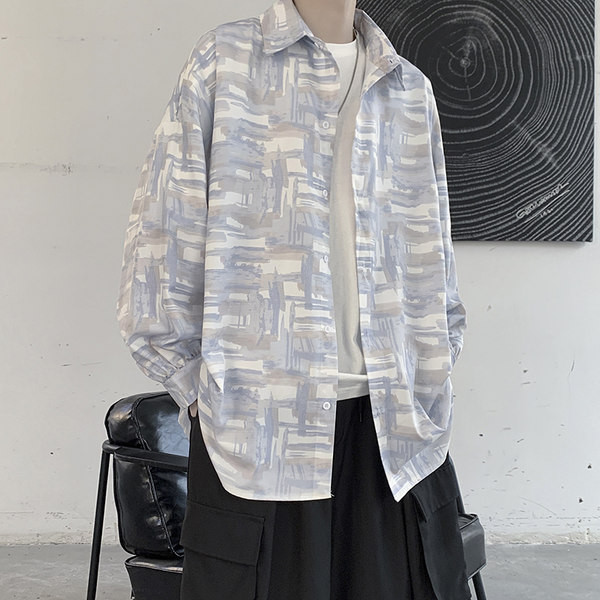 Cămașă lată casual, cu mâneci lungi și model cu model