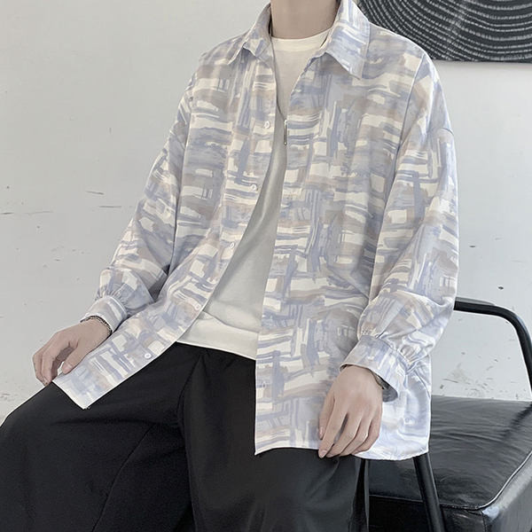 Cămașă lată casual, cu mâneci lungi și model cu model