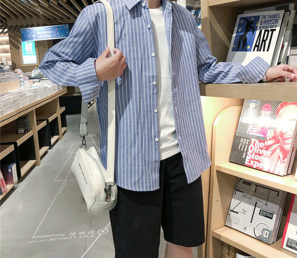 Cămașă pentru bărbați cu guler clasic și mâneci lungi cu dungi