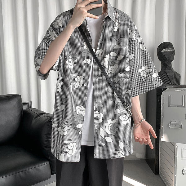 Ανδρικό casual πουκάμισο με λουλουδάτο μοτίβο σε γκρι