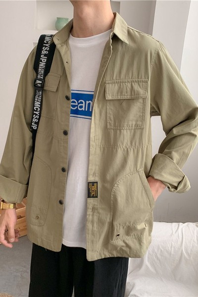 Cămașă lejeră lejeră, cu mâneci lungi și buzunare pentru bărbați