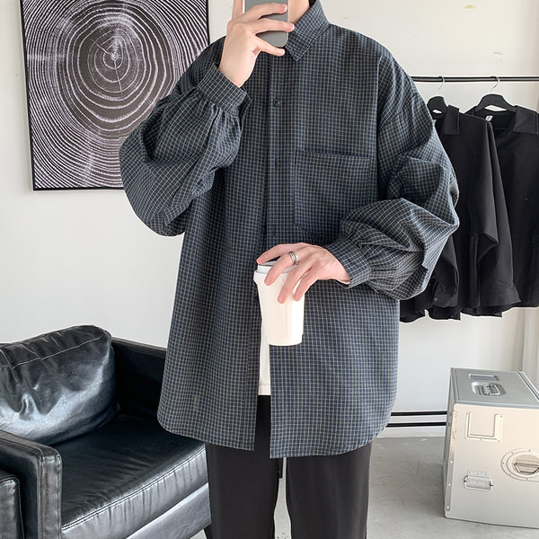 Cămașă în carouri pentru bărbați cu buzunar - model larg