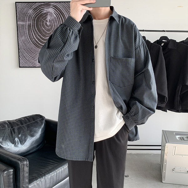 Cămașă în carouri pentru bărbați cu buzunar - model larg