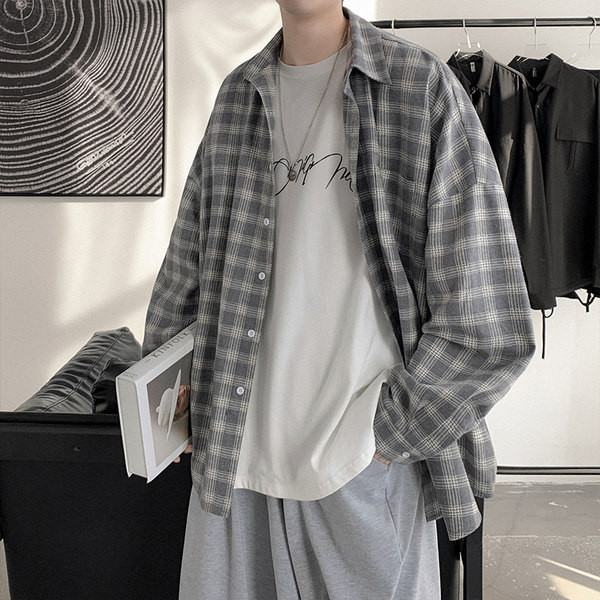 Cămașă de primăvară în carouri pentru bărbați cu nasturi