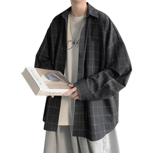 Cămașă lată în carouri pentru bărbați, cu buzunar și nasturi