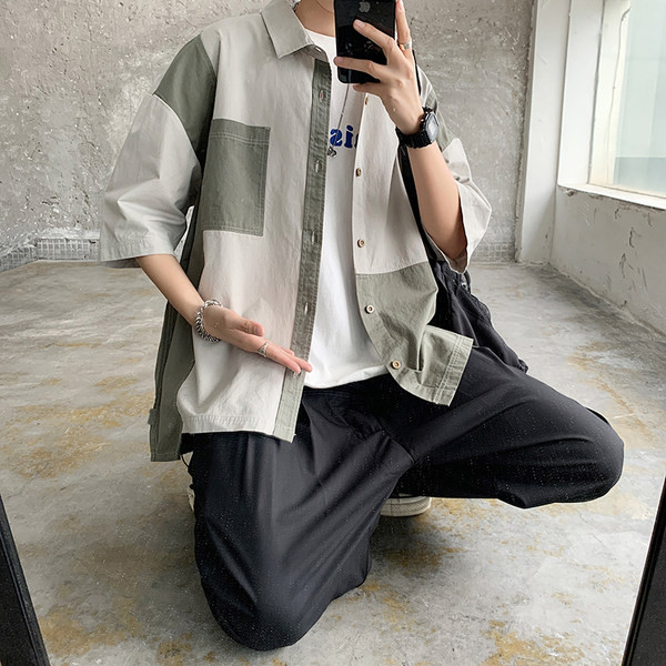 Cămașă retro pentru bărbați cu mâneci scurte și guler în formă de O