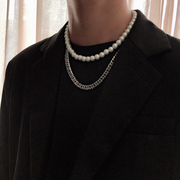 Lanț scurt modern de metal pentru bărbați cu perle decorative