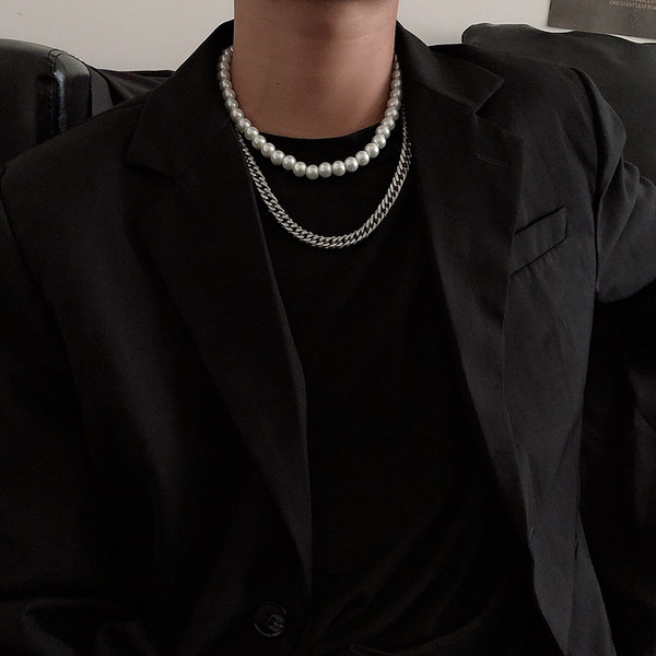 Lanț scurt modern de metal pentru bărbați cu perle decorative