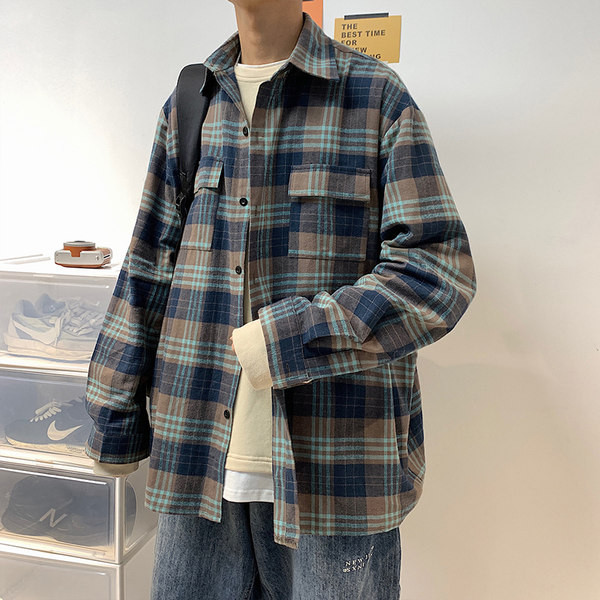 Cămașă în carouri de primăvară-toamnă cu buzunare