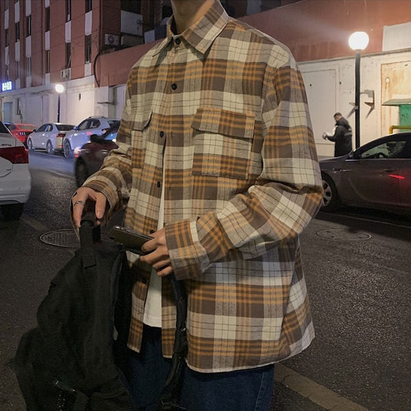 Cămașă în carouri de primăvară-toamnă cu buzunare