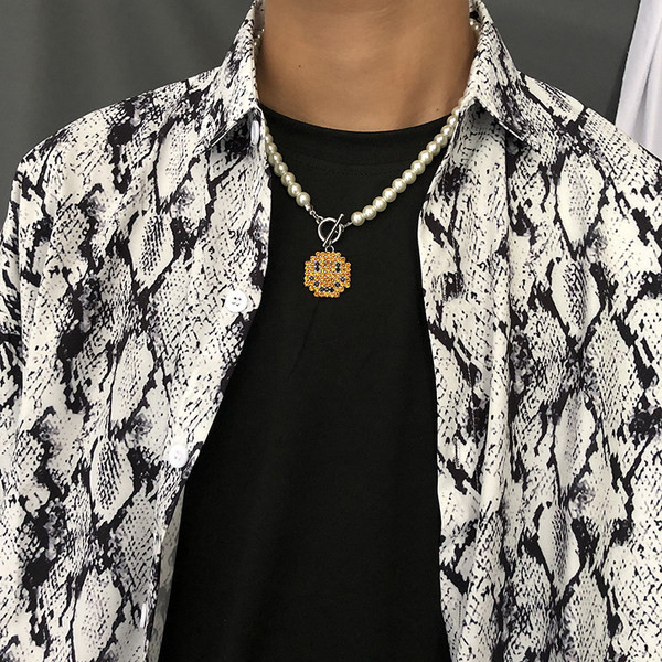 Lanț scurt pentru bărbați zilnic cu pandantiv și perle decorative