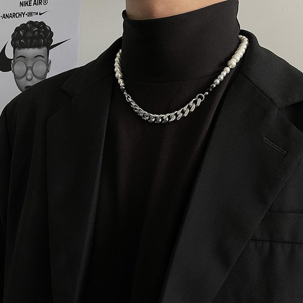 Colier bărbătesc stilat model scurt cu perle decorative