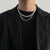 Colier stilat pentru barbati model scurt cu perle decorative