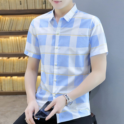 Модерна мъжка карирана риза с копчета и къс ръкав