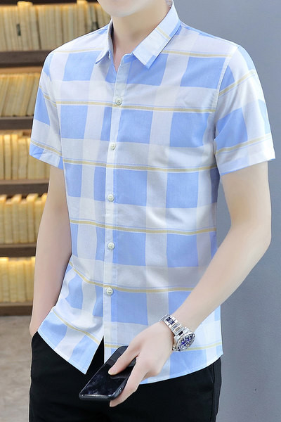 Модерна мъжка карирана риза с копчета и къс ръкав