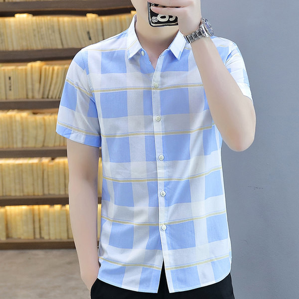 Модерна мъжка карирана риза с копчета и къс ръкав