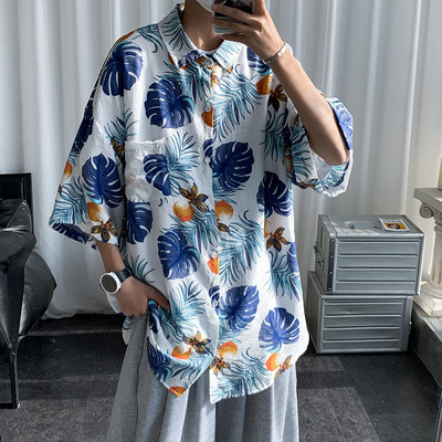 Vasariški vyriški marškiniai su gėlių motyvais su 3/4 rankovėmis