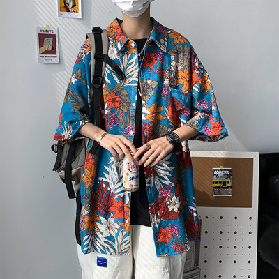 Vasariški vyriški marškiniai su gėlių motyvais su 3/4 rankovėmis