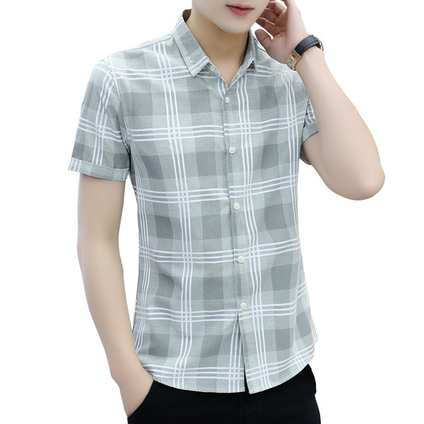 Карирана мъжка риза с класическа яка и къси ръкави