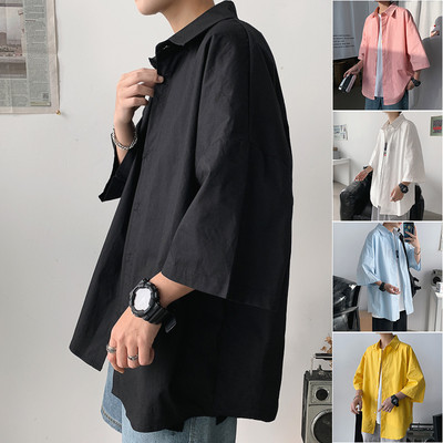 Мъжка ежедневна риза с 3/4 ръкав и О-образна яка 