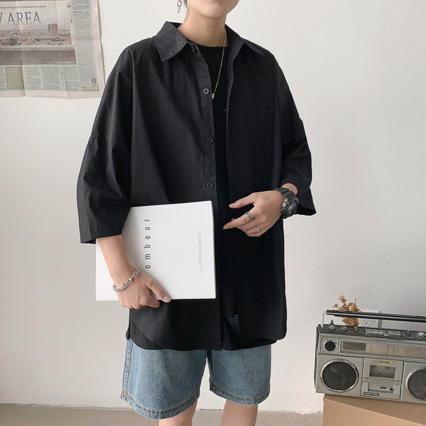 Мъжка ежедневна риза с 3/4 ръкав и О-образна яка 