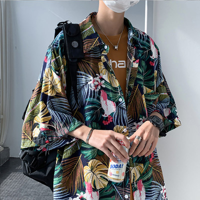 Vasariški vyriški marškiniai su 3/4 rankovėmis ir gėlių motyvais