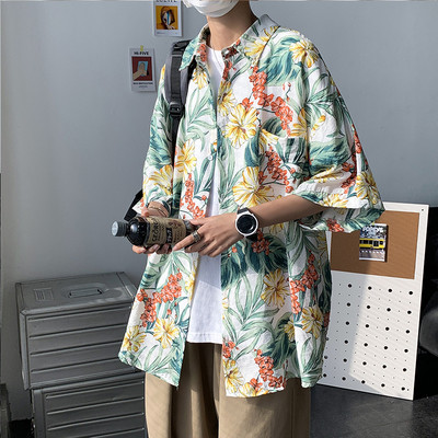 Vasariški vyriški marškiniai su 3/4 rankovėmis ir gėlių motyvais