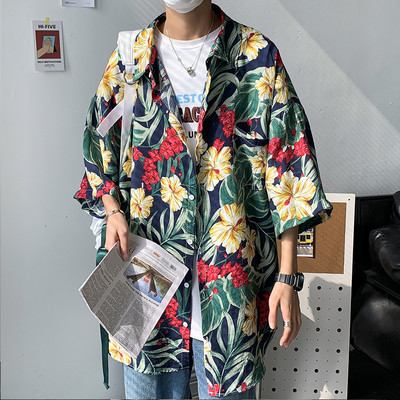 Vasariški vyriški marškiniai su 3/4 rankovėmis ir gėlių motyvais