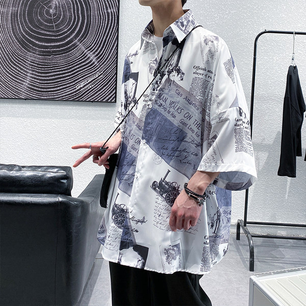 Мъжка ежедневна риза с 3/4 ръкав и щампа