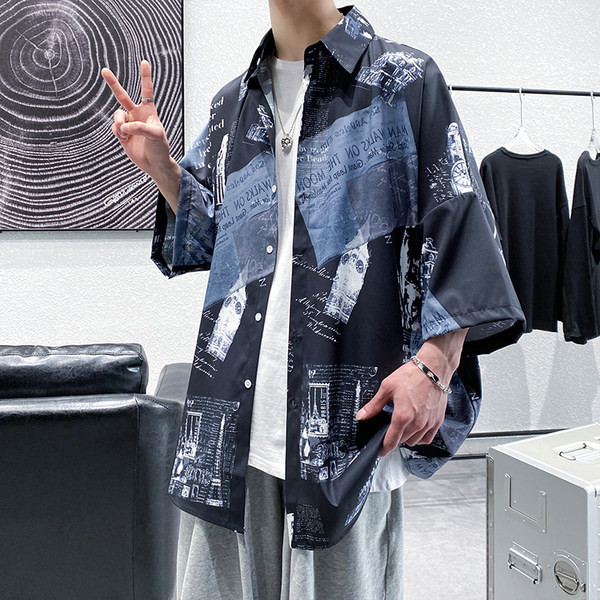 Мъжка ежедневна риза с 3/4 ръкав и щампа