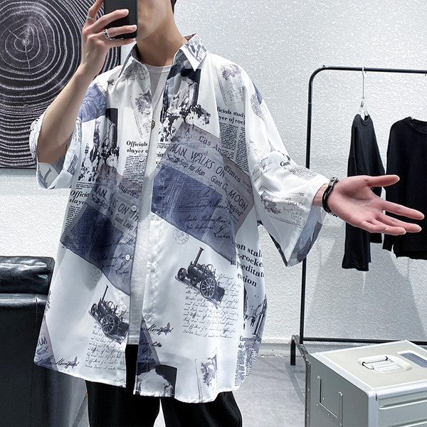 Мъжка ежедневна риза с 3/4 ръкав и щампа