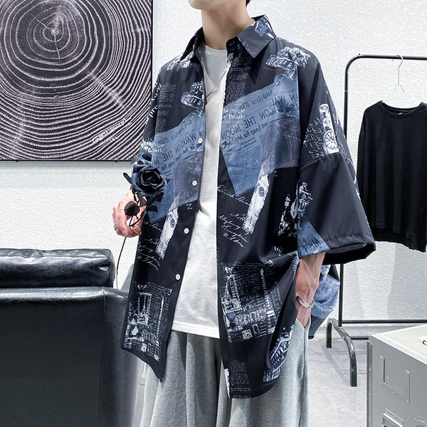 Мъжка ежедневна риза с 3/4 ръкав и щампа