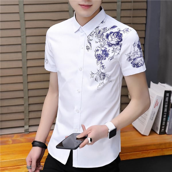 Šiuolaikiški vyriški marškiniai su gėlių motyvais ir sagomis