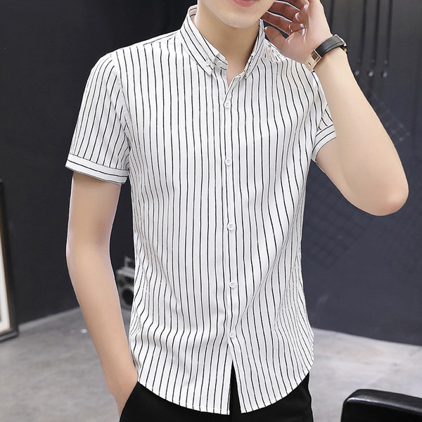 Мъжка раирана риза с копчета и къси ръкави